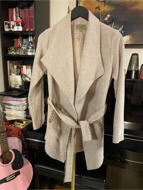Burberry Neutral Beige Open Front Coat with Belt